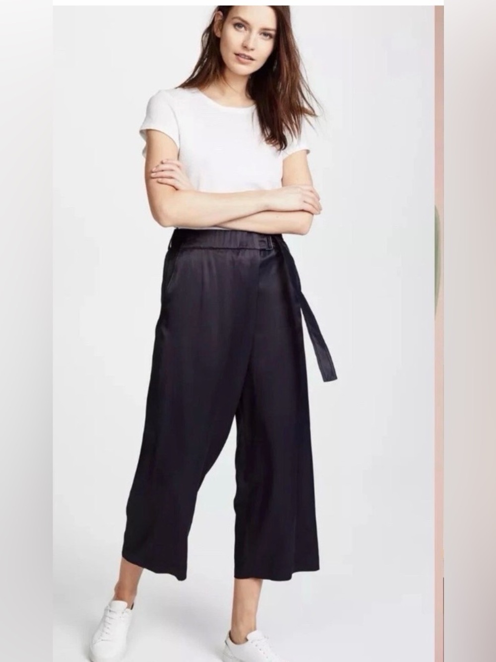 Vince Dark Navy Satin Wide-Leg Cropped Pants with Side Belt